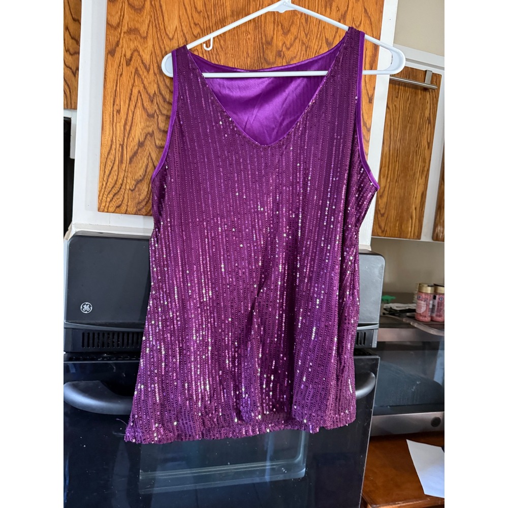 Womens Purple Sequin Tank Top V Neck Sleeveless Party Glittery Glam Size 0XL